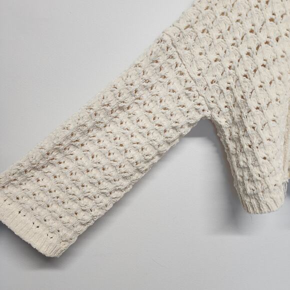 POL Flare Sleeve Oversized Sweater Size L Cream Crop Pointelle Hooded Chenille - Picture 6 of 14